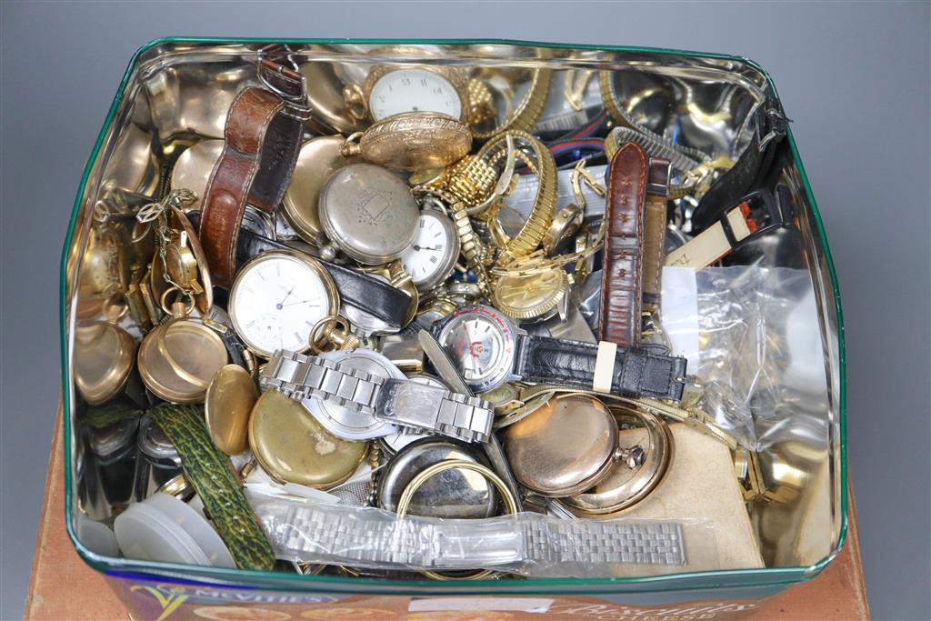 A large collection of wrist and pocket watches including gold plated, silver etc.), including parts and movements.
